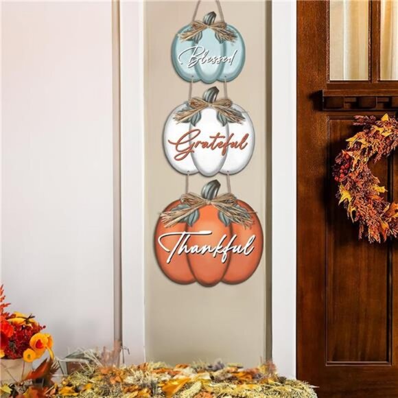 3 Pieces Fall Door Sign Pumpkin Decor Grateful Thankful Blessed Wall Signs - Picture 2 of 8